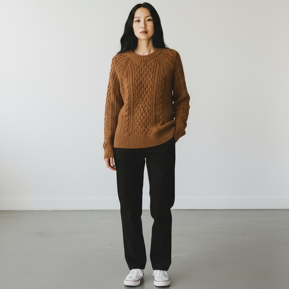 J. Crew Cotton Crewneck Cable-knit Fisherman Sweater Tan Medium Holiday ‘23